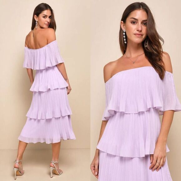 Lulus Gala Ready Lavender Off-the-Shoulder Ruffle Midi Dress M NWT - Picture 2 of 9